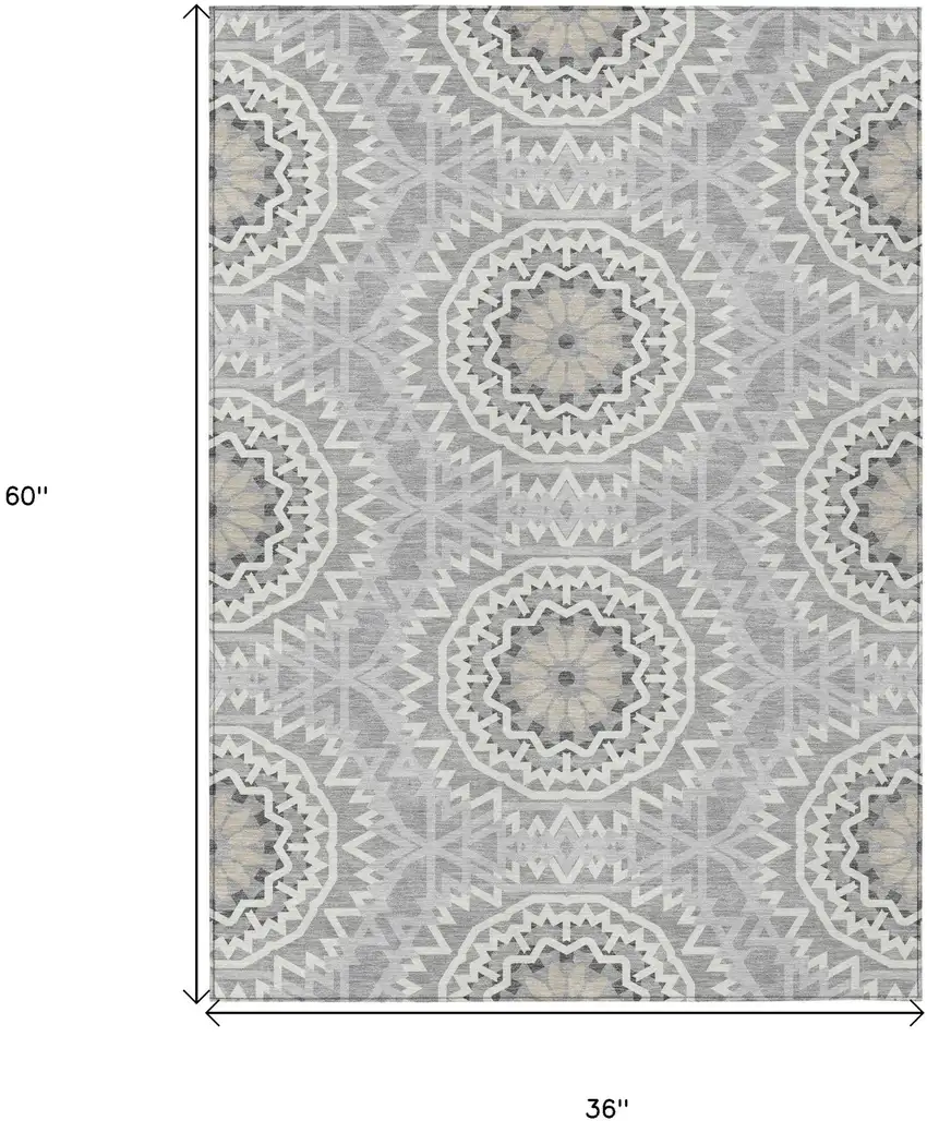 Gray Silver And Ivory Floral Medallion Washable Indoor Outdoor Area Rug Photo 3