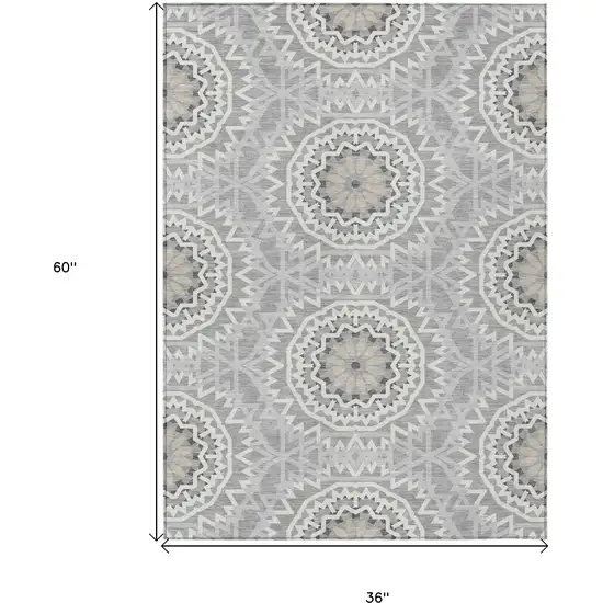 Gray Silver And Ivory Floral Medallion Washable Indoor Outdoor Area Rug Photo 3
