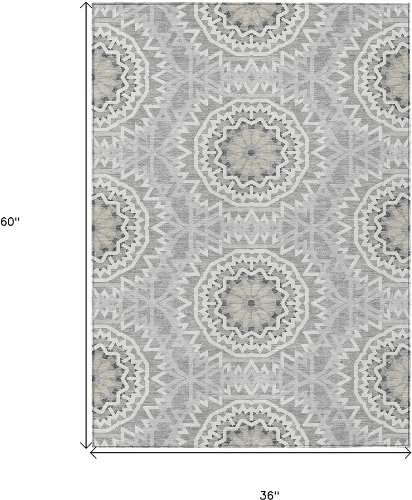 Gray Silver And Ivory Floral Medallion Washable Indoor Outdoor Area Rug Photo 3