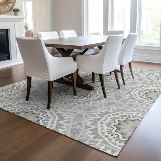 Gray Silver And Ivory Floral Medallion Washable Indoor Outdoor Area Rug Photo 7