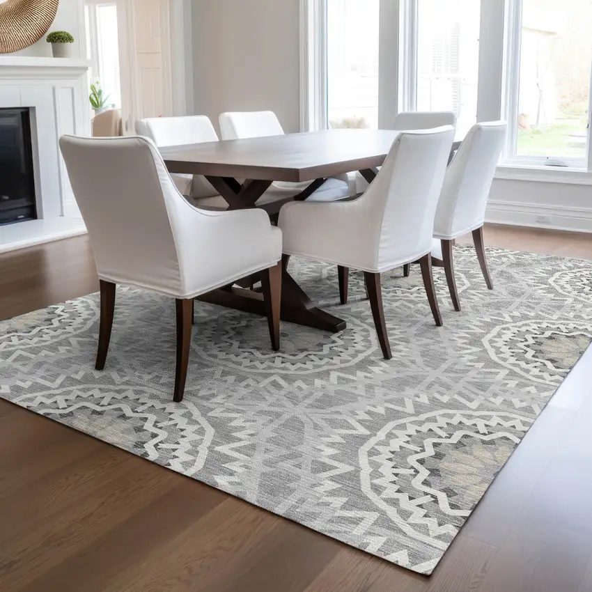 Gray Silver And Ivory Floral Medallion Washable Indoor Outdoor Area Rug Photo 7