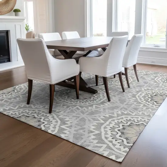 Gray Silver And Ivory Floral Medallion Washable Indoor Outdoor Area Rug Photo 7