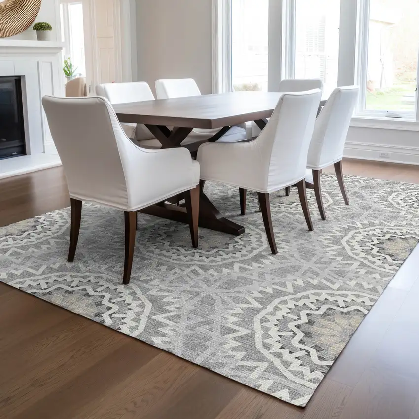 Gray Silver And Ivory Floral Medallion Washable Indoor Outdoor Area Rug Photo 7