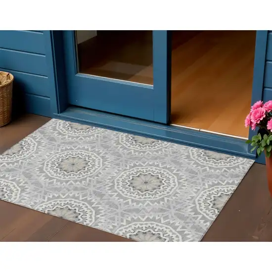 Gray Silver And Ivory Floral Medallion Washable Indoor Outdoor Area Rug Photo 1