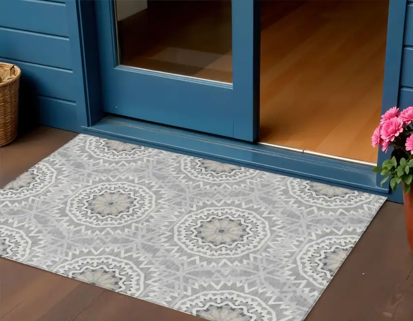 Gray Silver And Ivory Floral Medallion Washable Indoor Outdoor Area Rug Photo 1