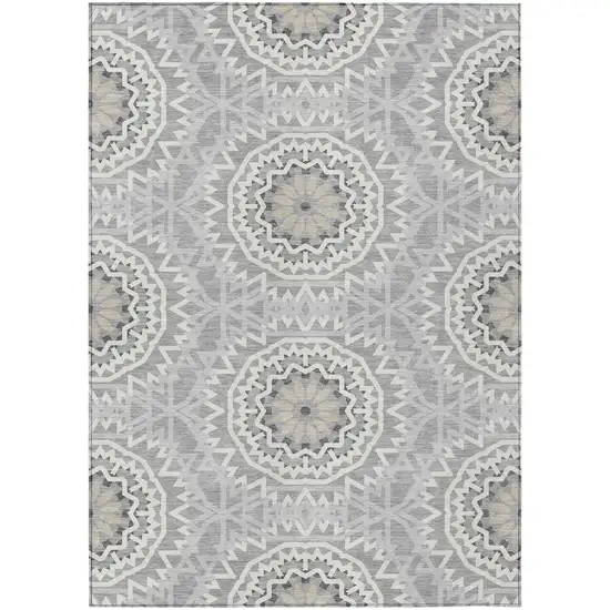 Gray Silver And Ivory Floral Medallion Washable Indoor Outdoor Area Rug Photo 2