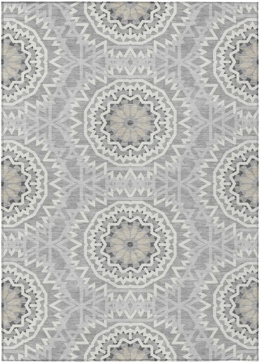 Gray Silver And Ivory Floral Medallion Washable Indoor Outdoor Area Rug Photo 2