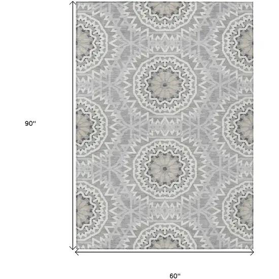 Gray Silver And Ivory Floral Medallion Washable Indoor Outdoor Area Rug Photo 3