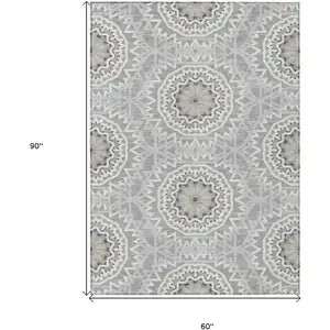 Photo of Gray Silver And Ivory Floral Medallion Washable Indoor Outdoor Area Rug