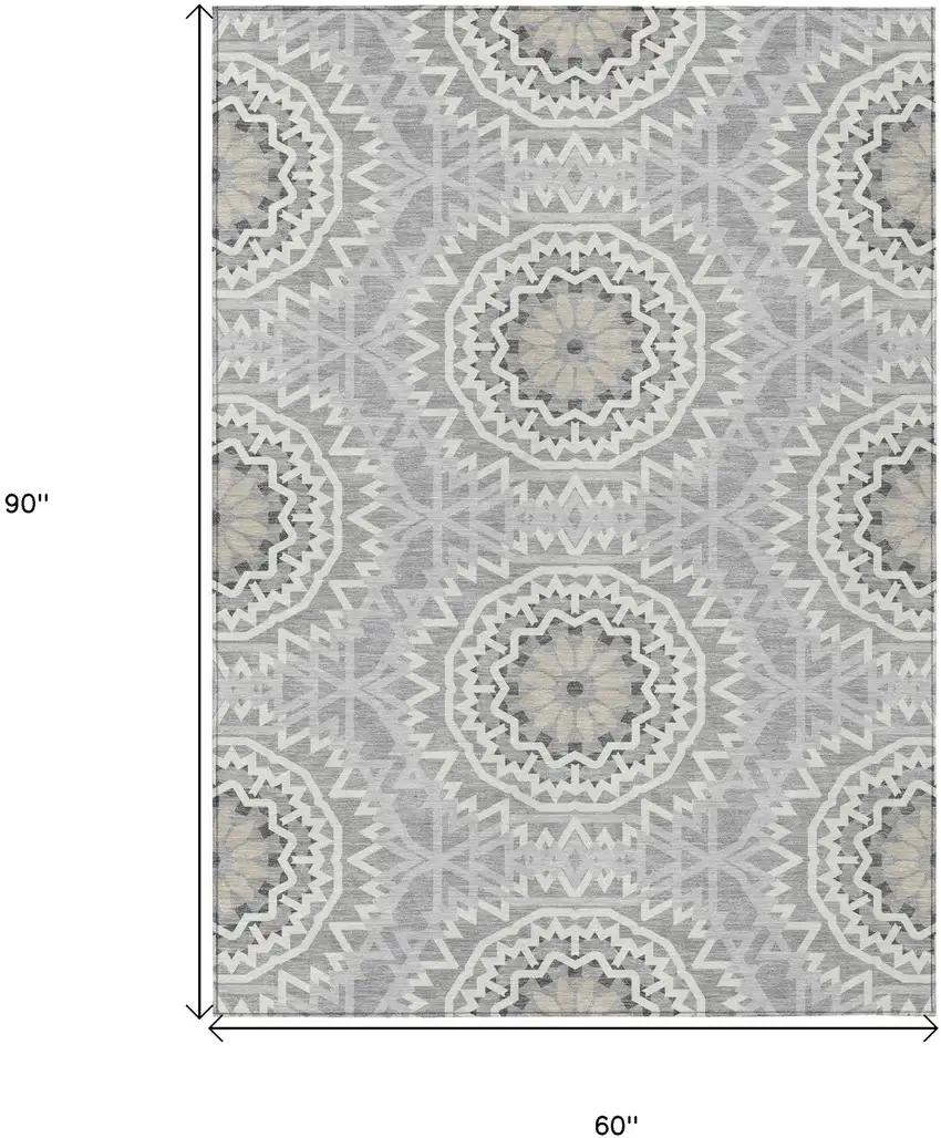 Gray Silver And Ivory Floral Medallion Washable Indoor Outdoor Area Rug Photo 3