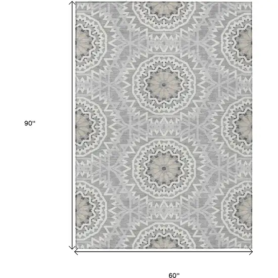 Gray Silver And Ivory Floral Medallion Washable Indoor Outdoor Area Rug Photo 3