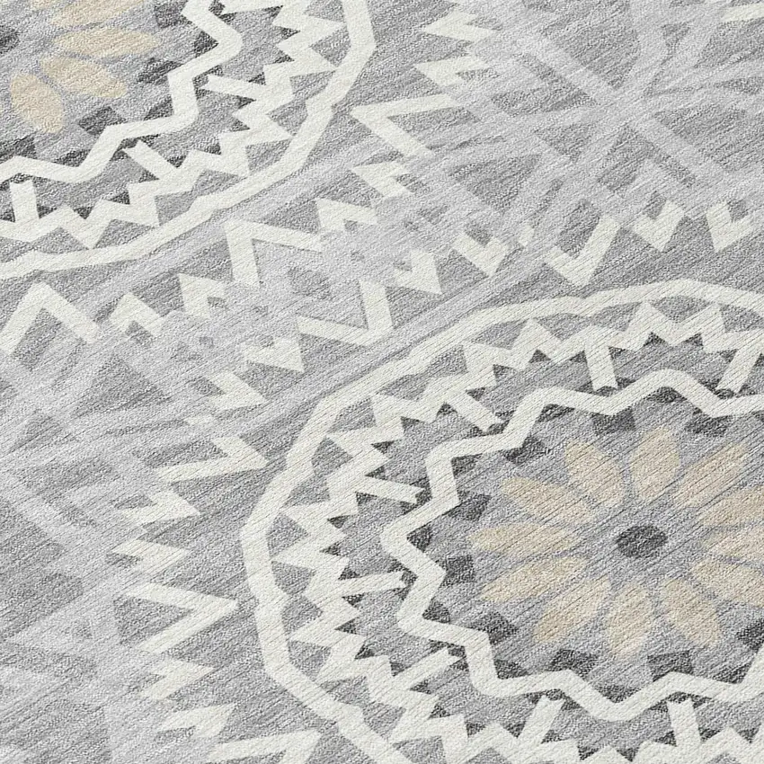 Gray Silver And Ivory Floral Medallion Washable Indoor Outdoor Area Rug Photo 4