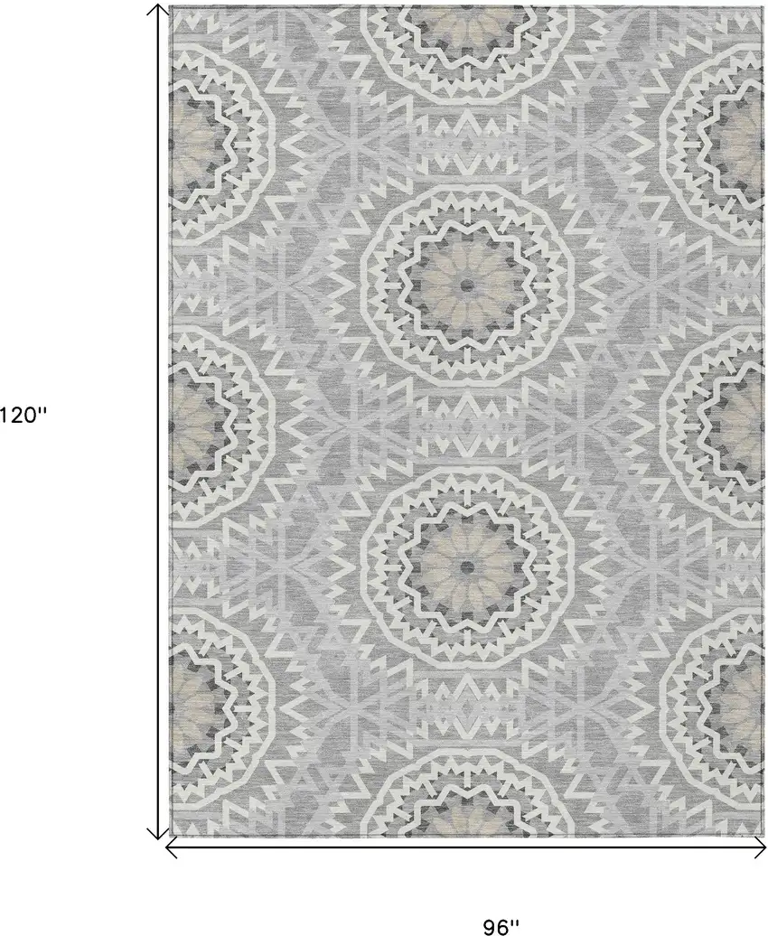 Gray Silver And Ivory Floral Medallion Washable Indoor Outdoor Area Rug Photo 3