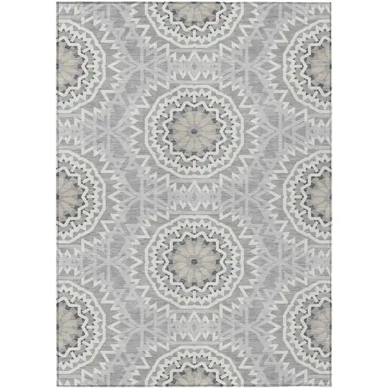 Gray Silver And Ivory Floral Medallion Washable Indoor Outdoor Area Rug Photo 2