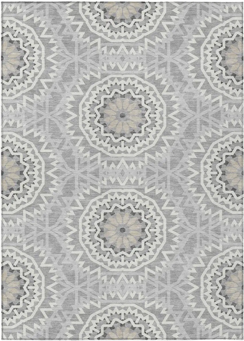 Gray Silver And Ivory Floral Medallion Washable Indoor Outdoor Area Rug Photo 2