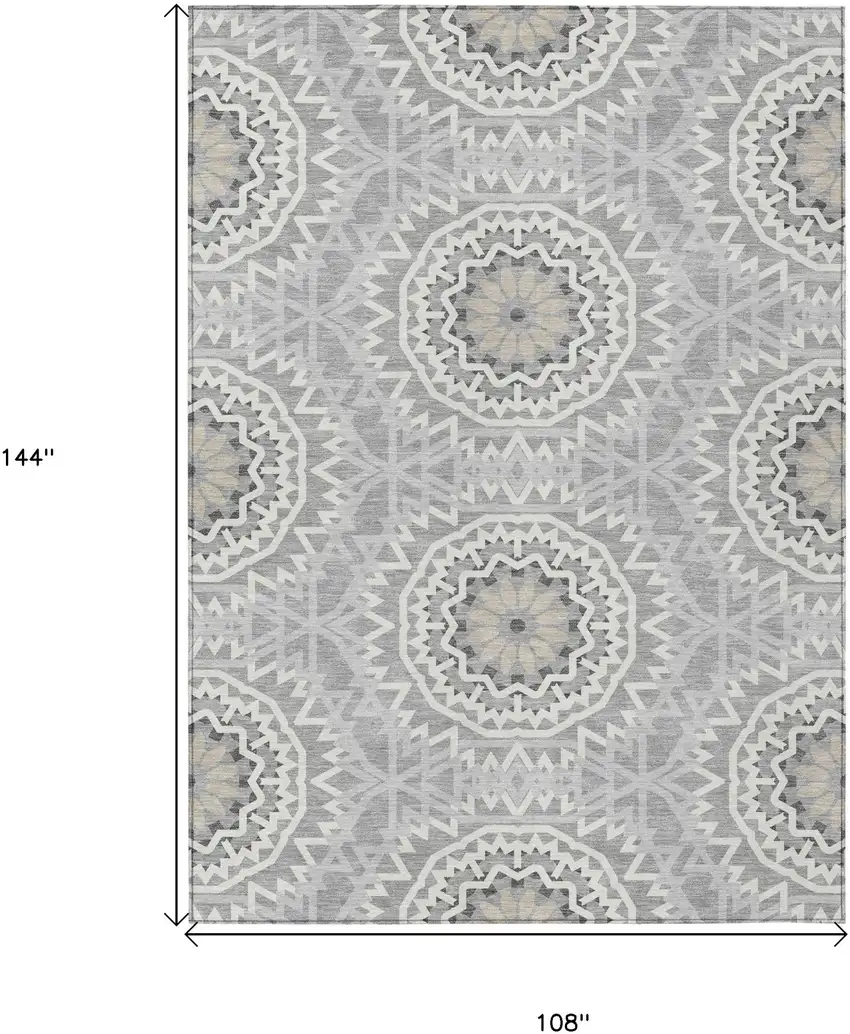 Gray Silver And Ivory Floral Medallion Washable Indoor Outdoor Area Rug Photo 3