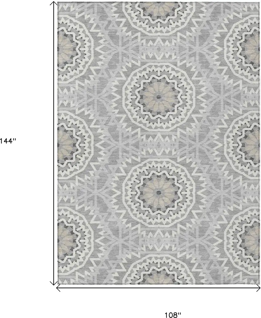 Gray Silver And Ivory Floral Medallion Washable Indoor Outdoor Area Rug Photo 3