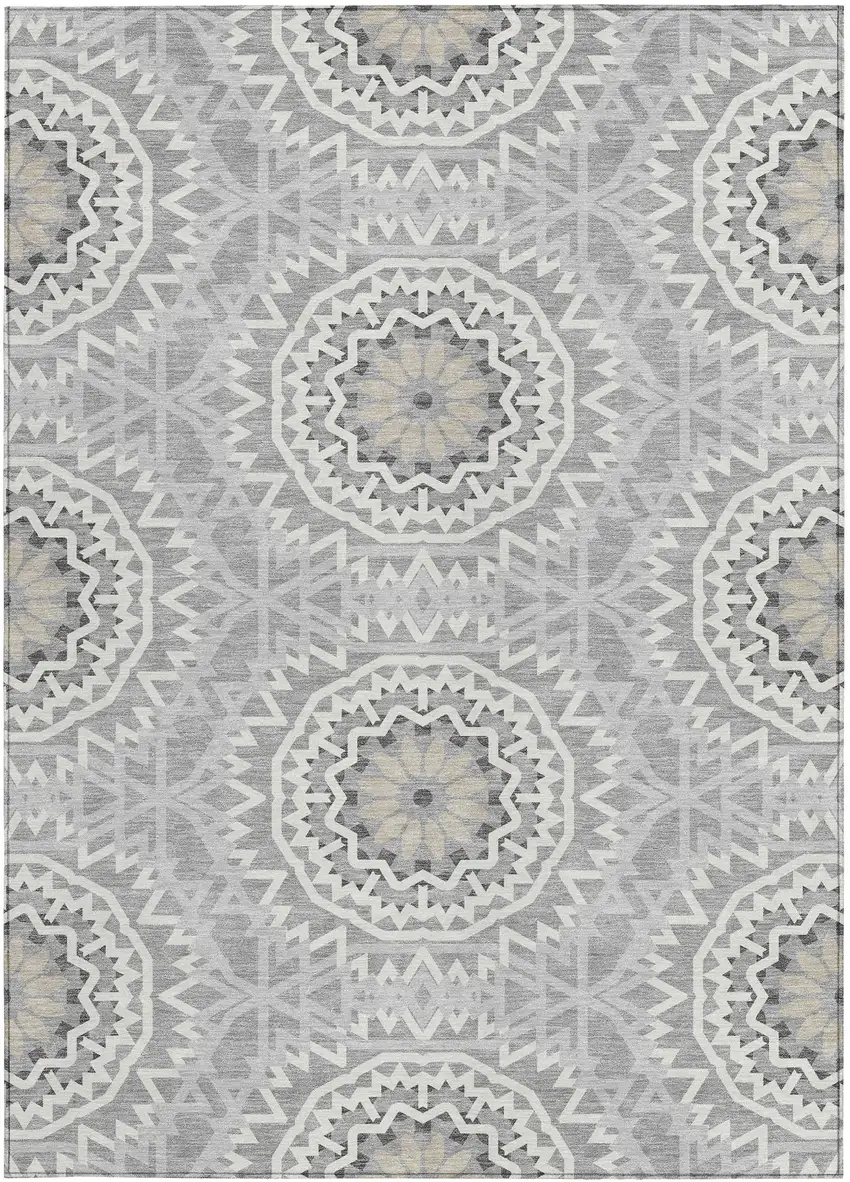 Gray Silver And Ivory Floral Medallion Washable Indoor Outdoor Area Rug Photo 5