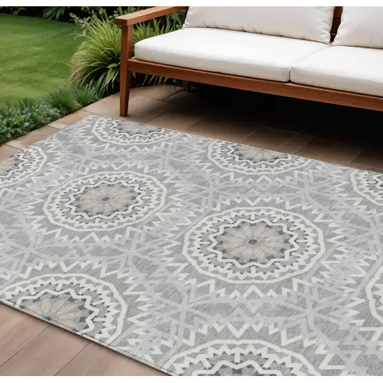 Gray Silver And Ivory Floral Medallion Washable Indoor Outdoor Area Rug Photo 1