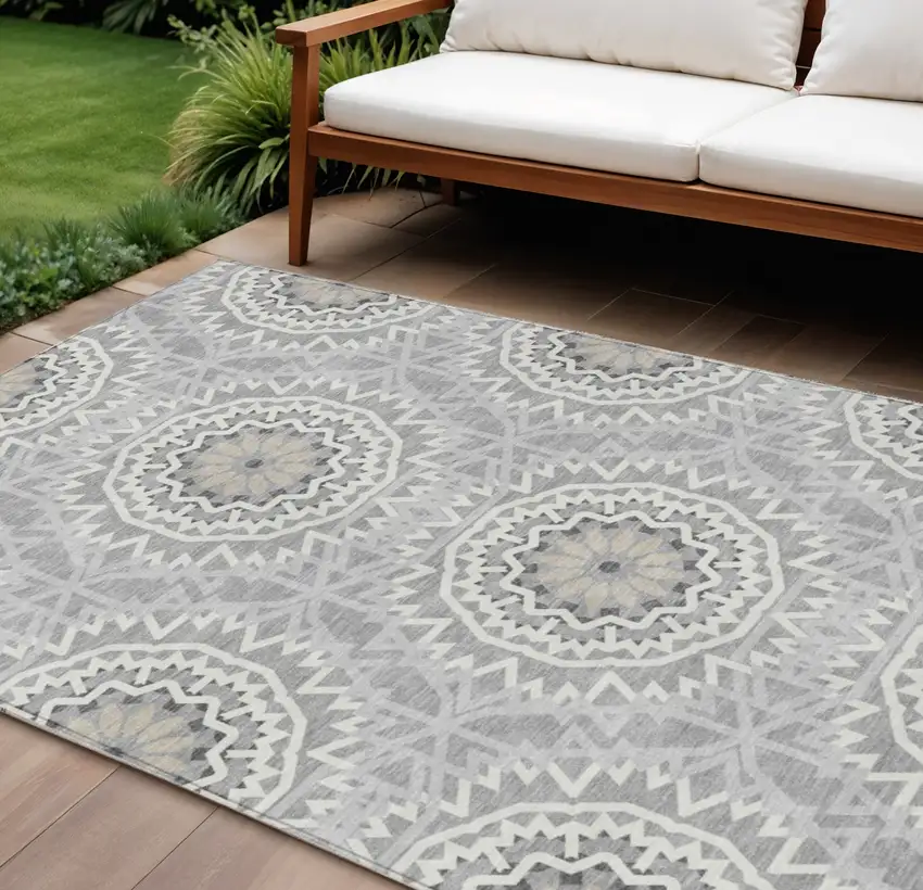 Gray Silver And Ivory Floral Medallion Washable Indoor Outdoor Area Rug Photo 1