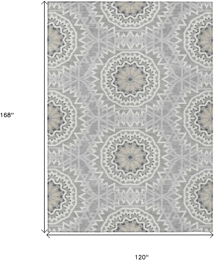 Gray Silver And Ivory Floral Medallion Washable Indoor Outdoor Area Rug Photo 3