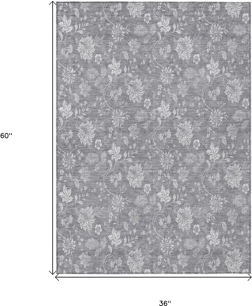 Gray Silver And Ivory Floral Washable Indoor Outdoor Area Rug Photo 3