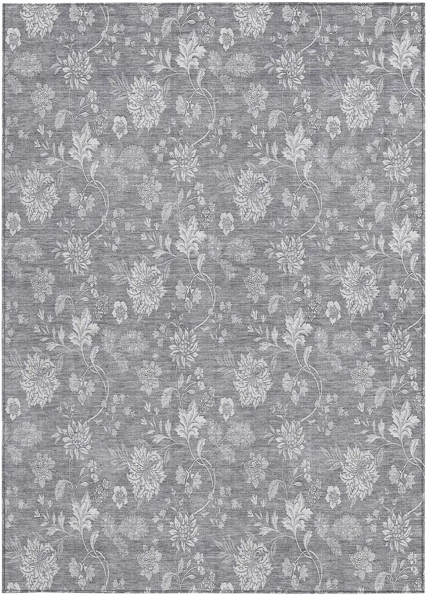 Gray Silver And Ivory Floral Washable Indoor Outdoor Area Rug Photo 6