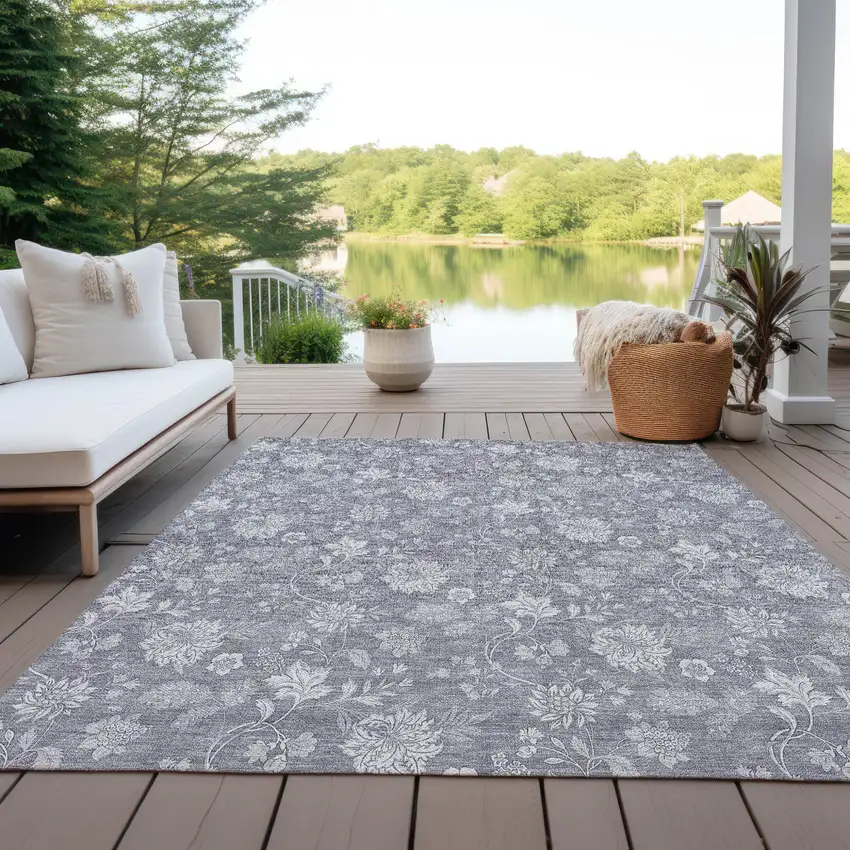 Gray Silver And Ivory Floral Washable Indoor Outdoor Area Rug Photo 9