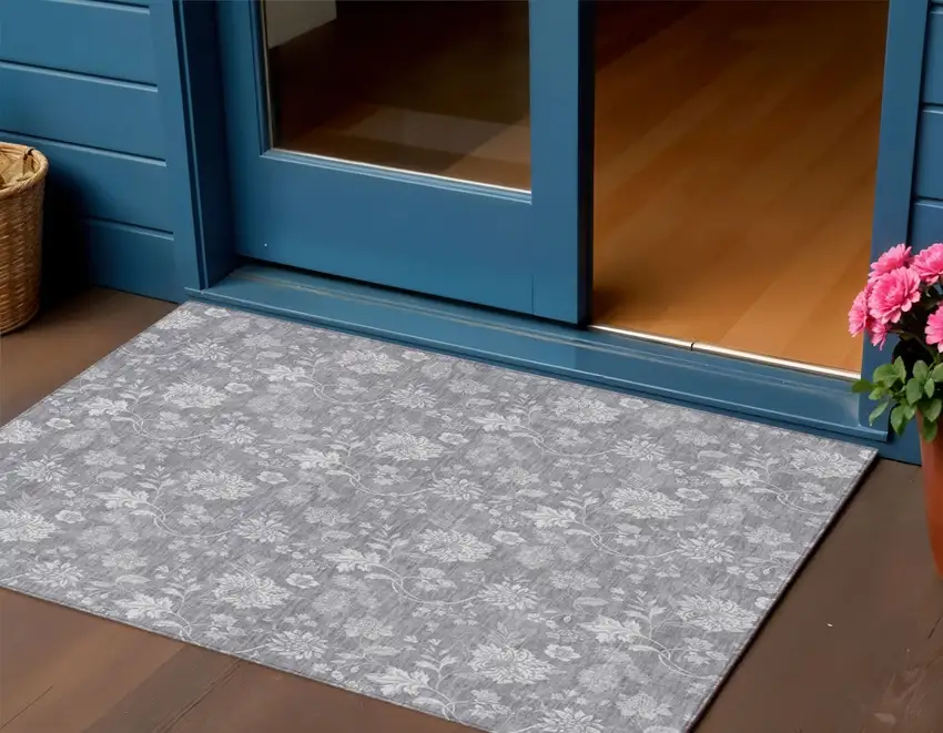 Gray Silver And Ivory Floral Washable Indoor Outdoor Area Rug Photo 1