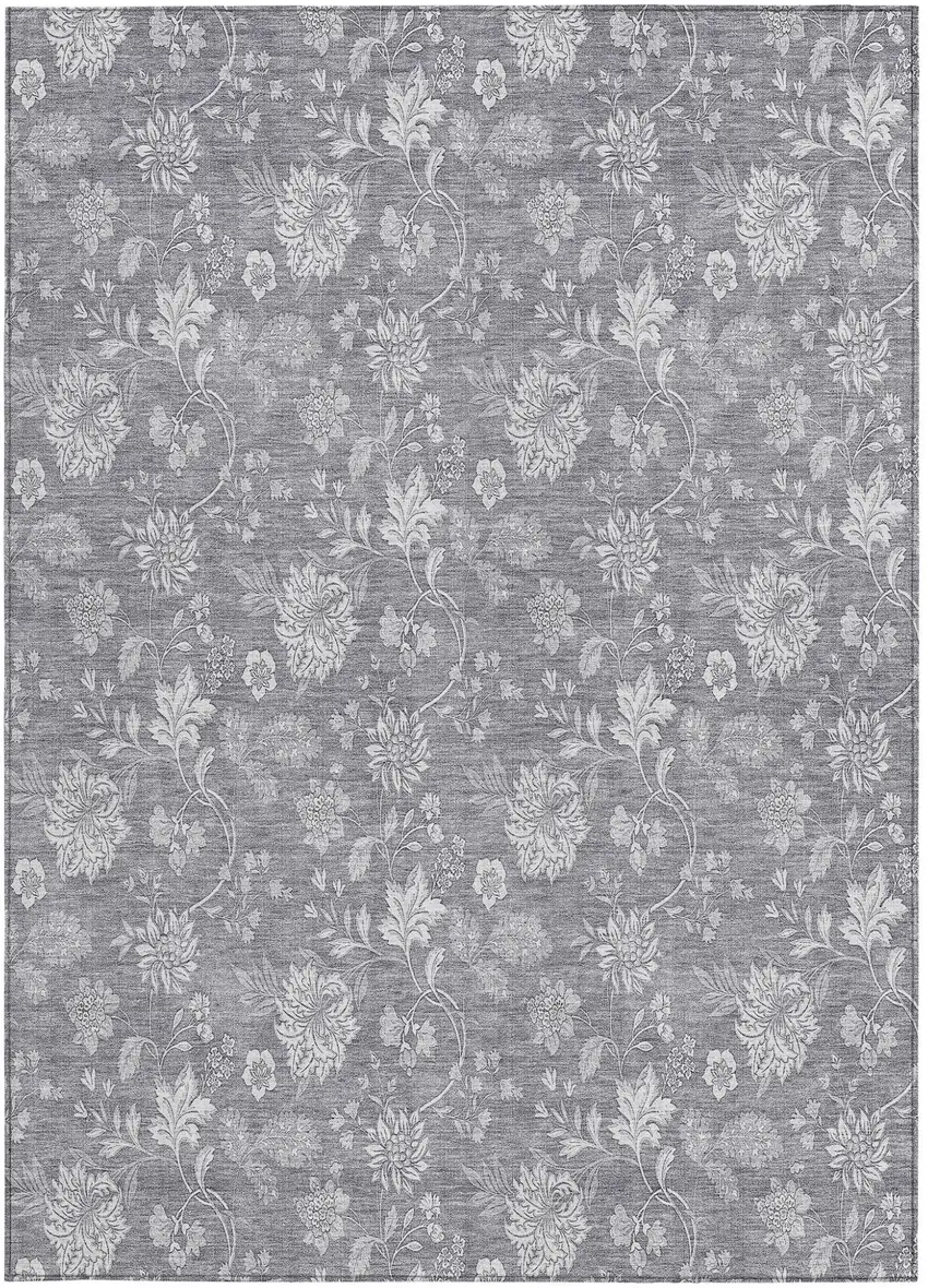 Gray Silver And Ivory Floral Washable Indoor Outdoor Area Rug Photo 7