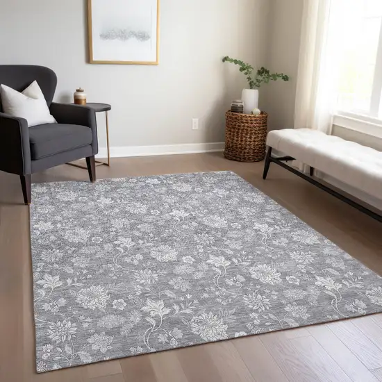 Gray Silver And Ivory Floral Washable Indoor Outdoor Area Rug Photo 9