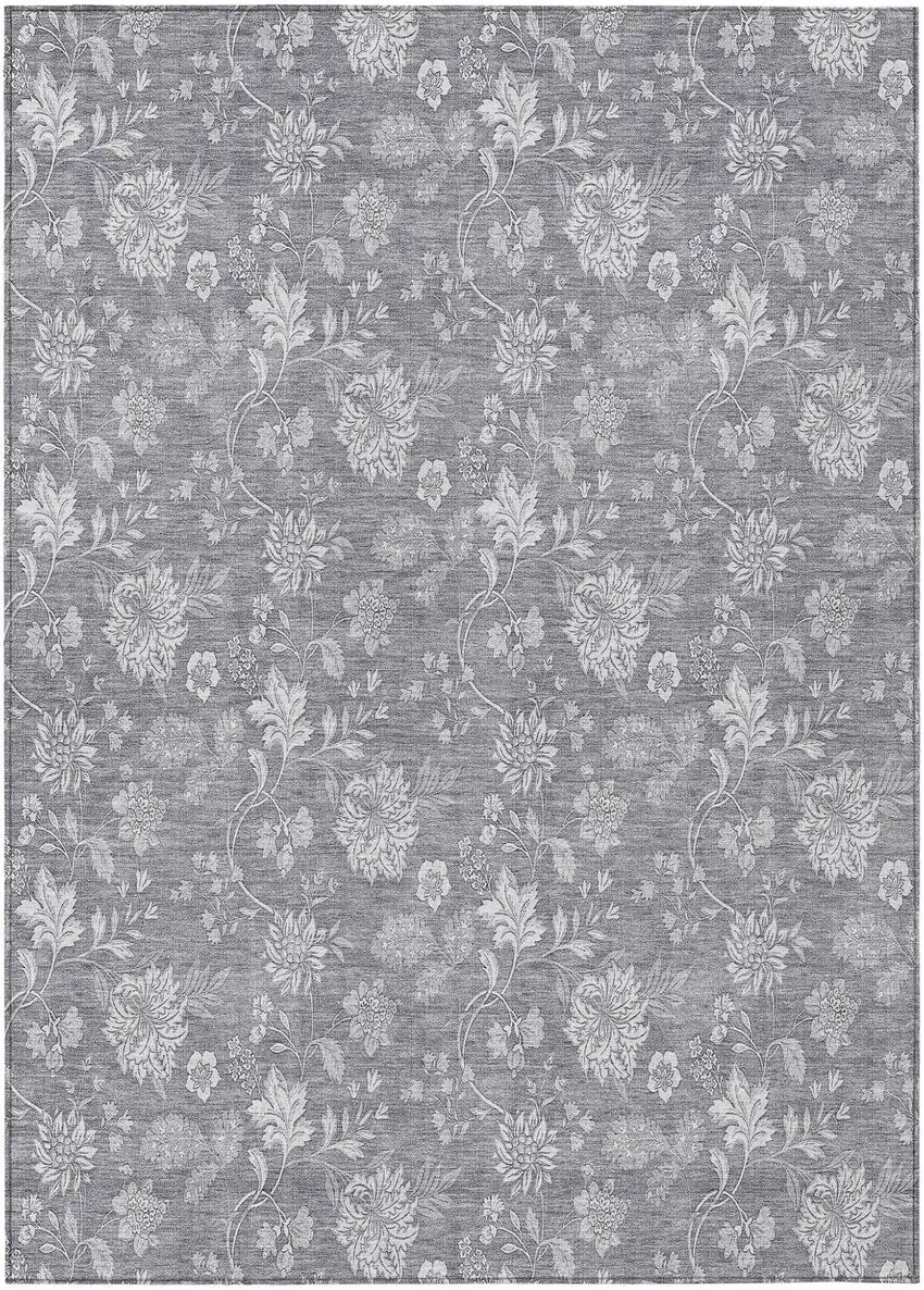 Gray Silver And Ivory Floral Washable Indoor Outdoor Area Rug Photo 2