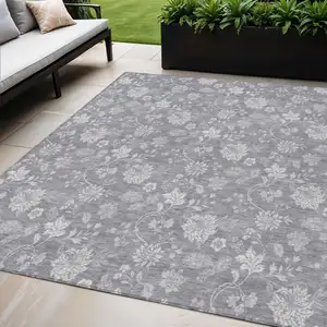 Photo of Gray Silver And Ivory Floral Washable Indoor Outdoor Area Rug