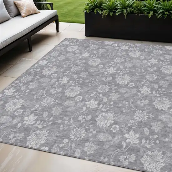 Gray Silver And Ivory Floral Washable Indoor Outdoor Area Rug Photo 1