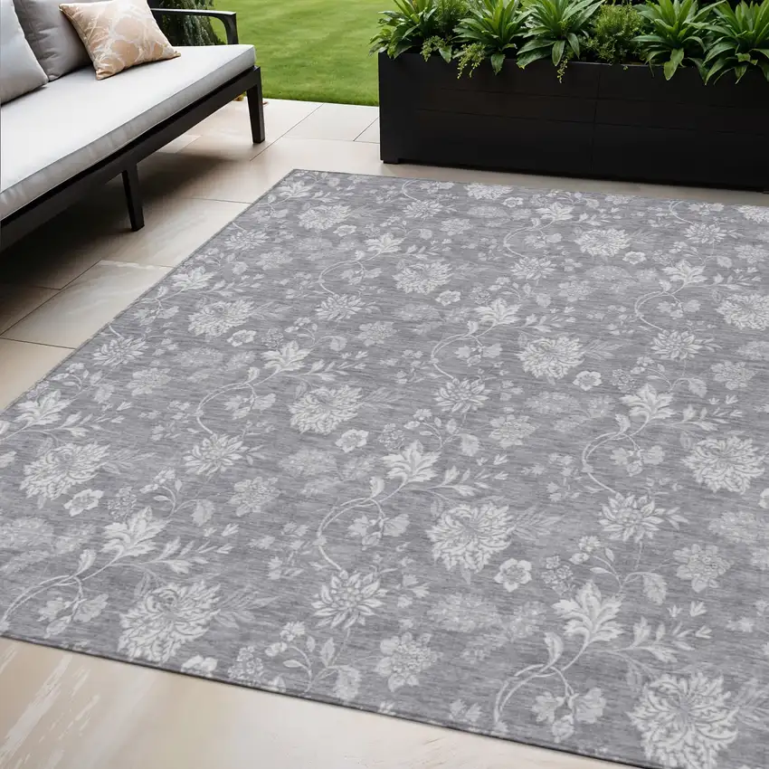 Gray Silver And Ivory Floral Washable Indoor Outdoor Area Rug Photo 1