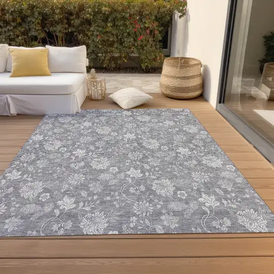 Gray Silver And Ivory Floral Washable Indoor Outdoor Area Rug Photo 8
