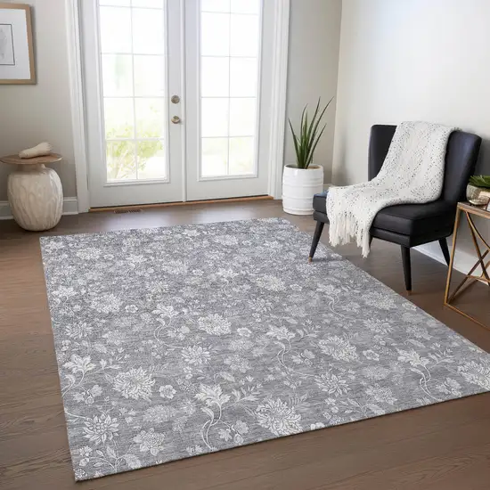 Gray Silver And Ivory Floral Washable Indoor Outdoor Area Rug Photo 9