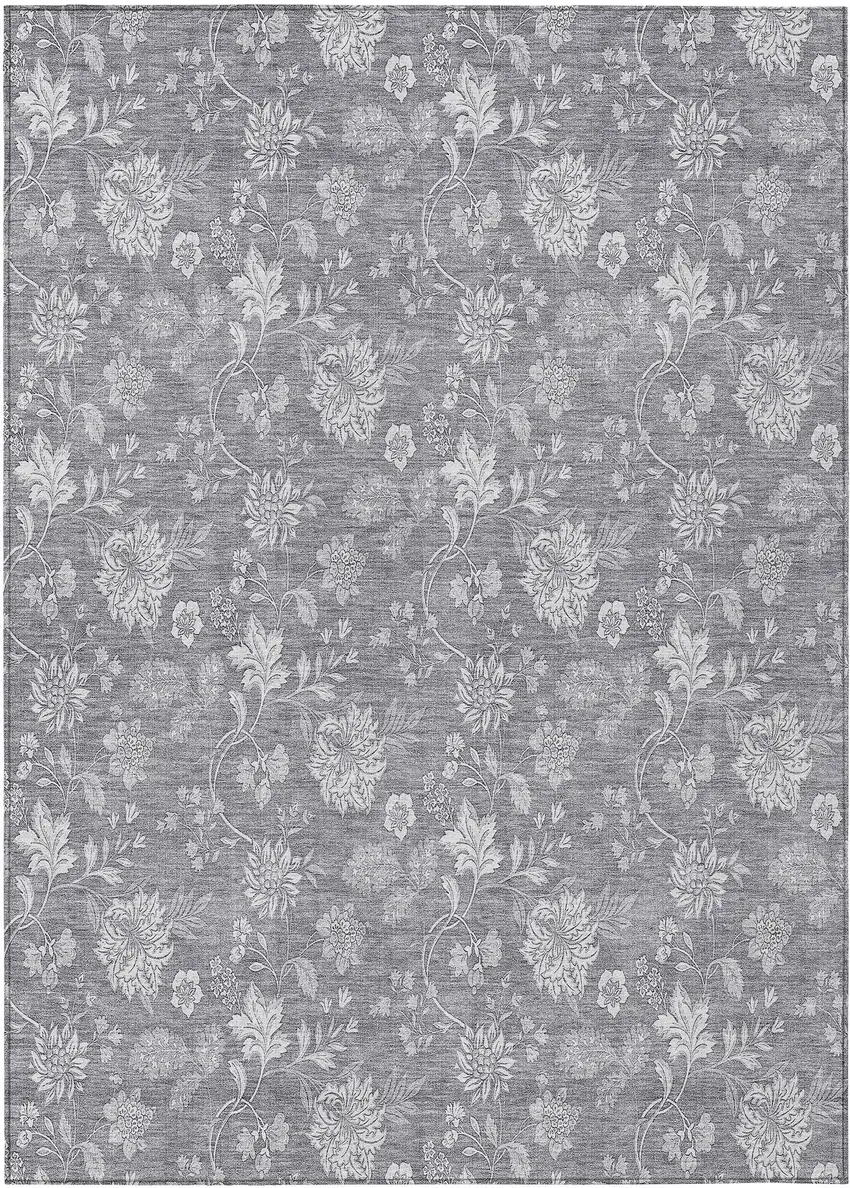 Gray Silver And Ivory Floral Washable Indoor Outdoor Area Rug Photo 2