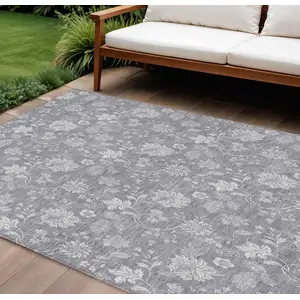 Photo of Gray Silver And Ivory Floral Washable Indoor Outdoor Area Rug