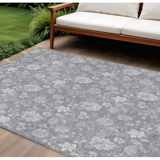 Gray Silver And Ivory Floral Washable Indoor Outdoor Area Rug Photo 1