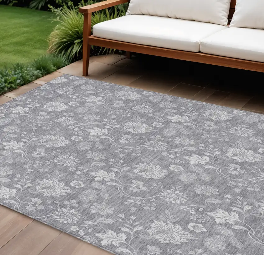 Gray Silver And Ivory Floral Washable Indoor Outdoor Area Rug Photo 1