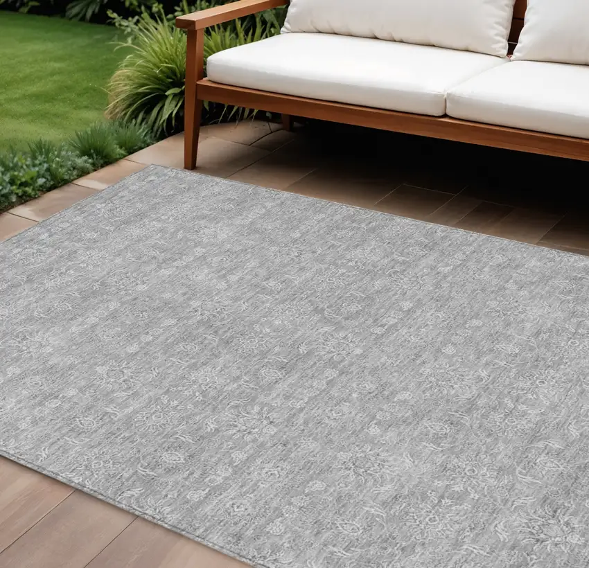 Gray Silver And Ivory Floral Washable Indoor Outdoor Area Rug Photo 1
