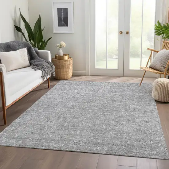Gray Silver And Ivory Floral Washable Indoor Outdoor Area Rug Photo 7
