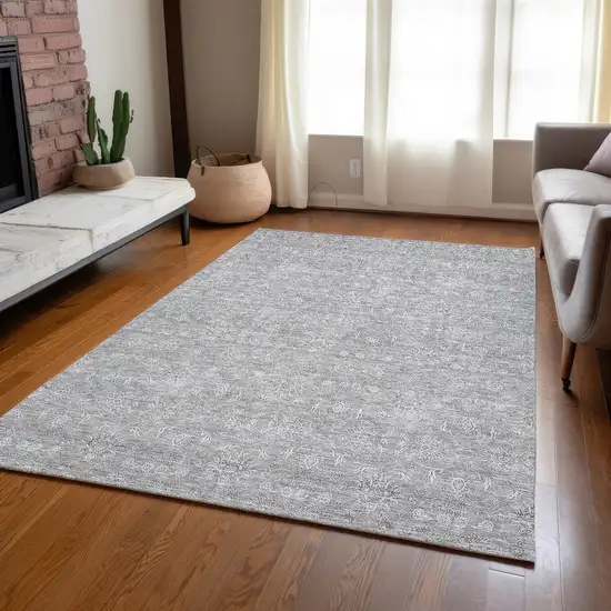 Gray Silver And Ivory Floral Washable Indoor Outdoor Area Rug Photo 8