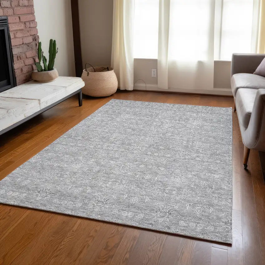 Gray Silver And Ivory Floral Washable Indoor Outdoor Area Rug Photo 8