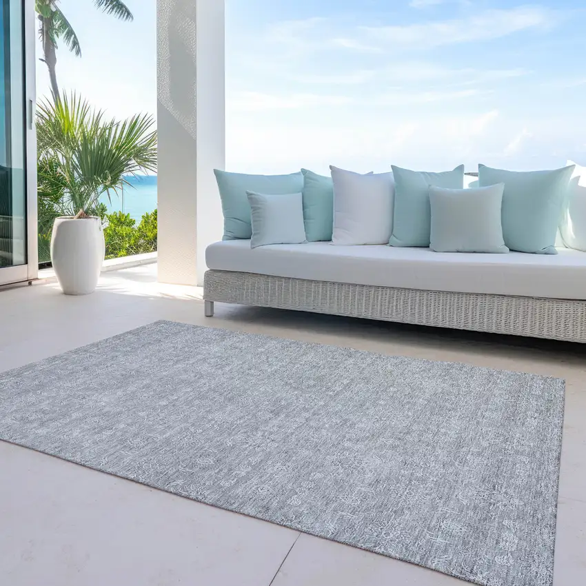 Gray Silver And Ivory Floral Washable Indoor Outdoor Area Rug Photo 9