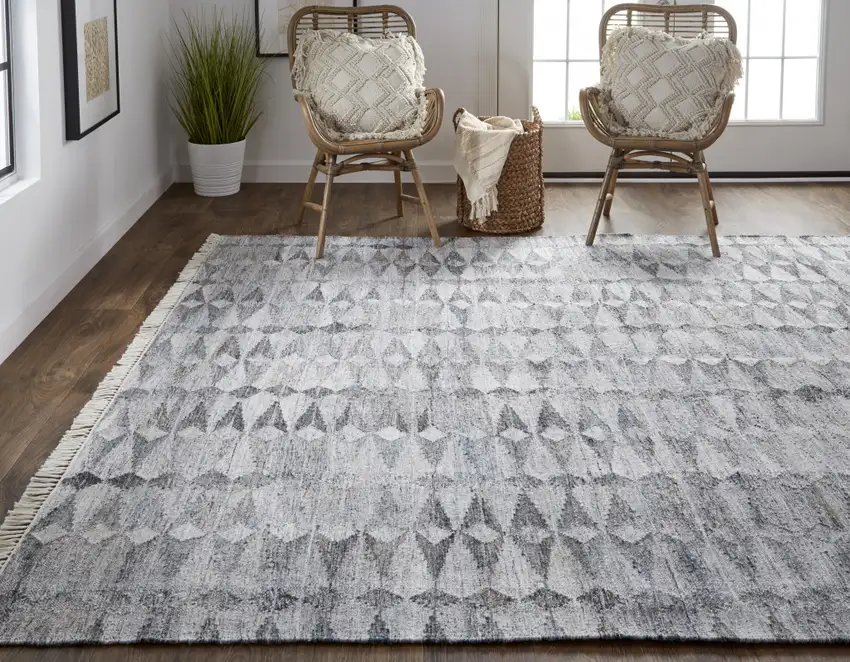 Gray Silver And Ivory Geometric Hand Woven Stain Resistant Area Rug With Fringe Photo 8