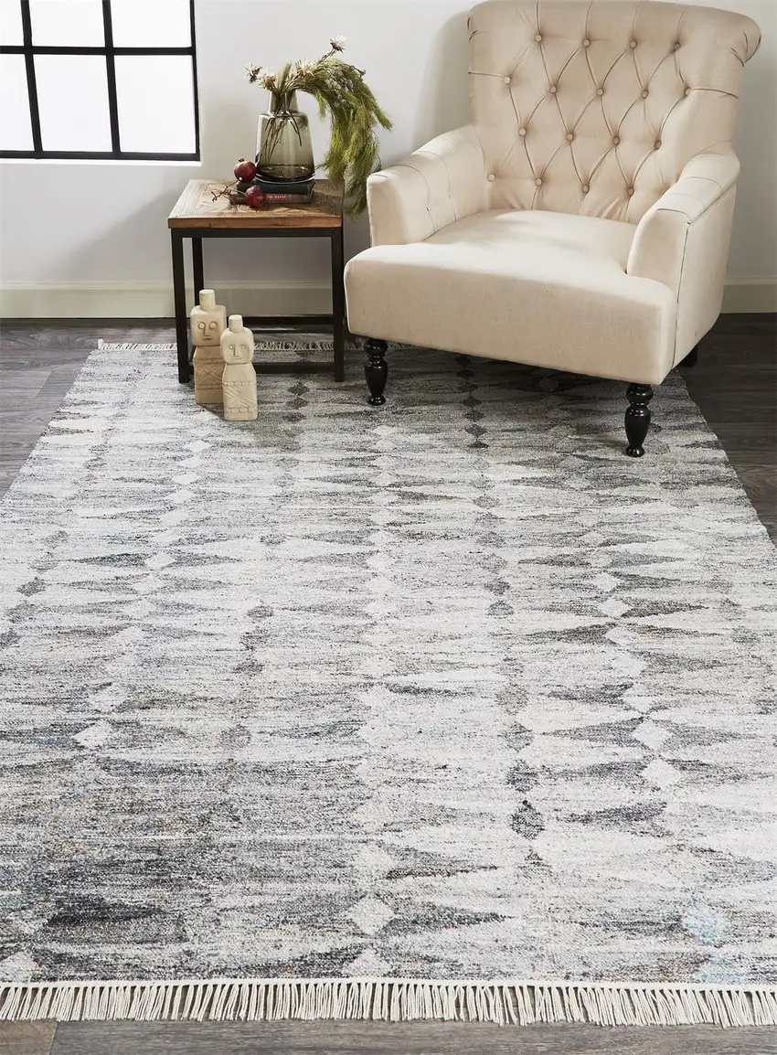 Gray Silver And Ivory Geometric Hand Woven Stain Resistant Area Rug With Fringe Photo 6