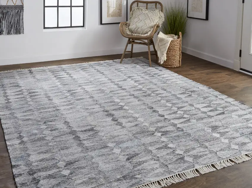 Gray Silver And Ivory Geometric Hand Woven Stain Resistant Area Rug With Fringe Photo 7