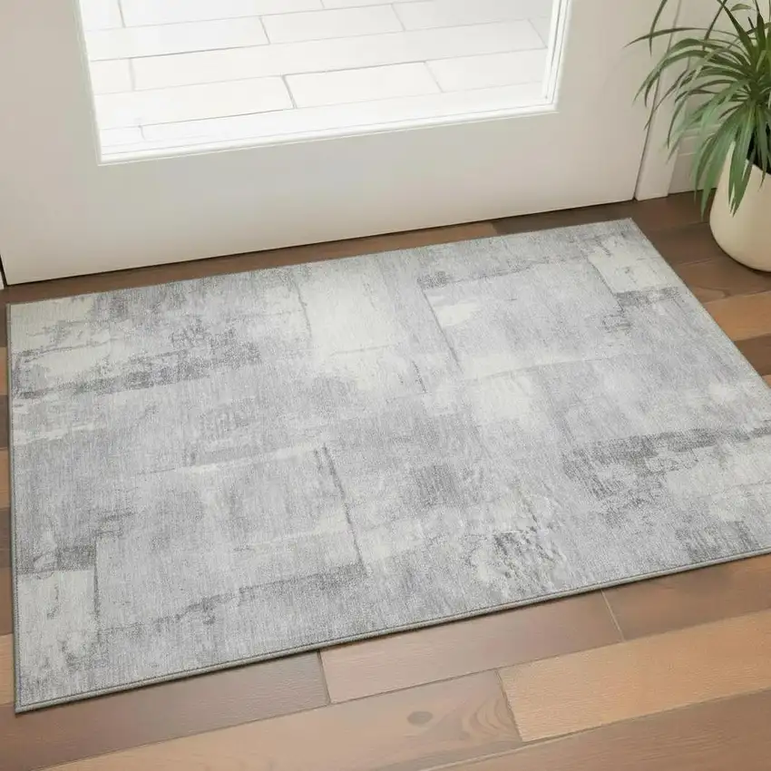 Gray Silver And Ivory Geometric Washable Area Rug With UV Protection Photo 2